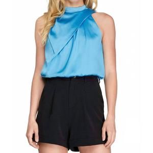 NEW AMERICAN FIT clare mock nek sleeveless asymmetrical woven top in aqua